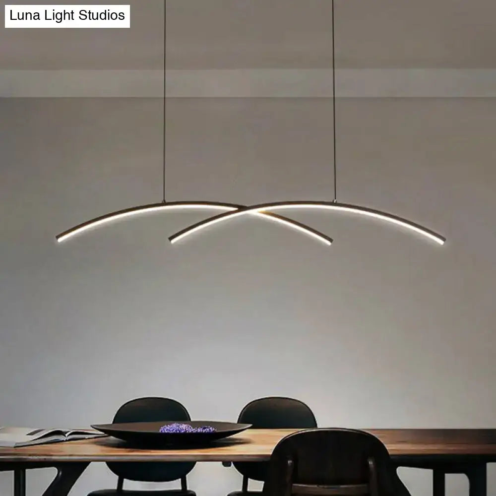 Modern minimalist metal line art pendant light with black gold finish and curved led strips for dining room island lighting
