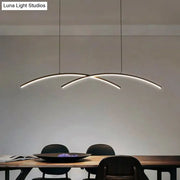 Modern minimalist metal line art pendant light with black gold finish and curved led strips for dining room island lighting