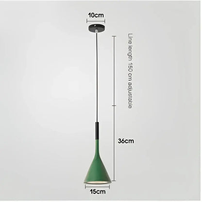 Green conical metal pendant light with black stem and adjustable 150 cm cord for modern kitchen use