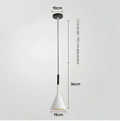 A sleek white conical metal pendant light with a black stem and 15cm adjustable line in a kitchen set
