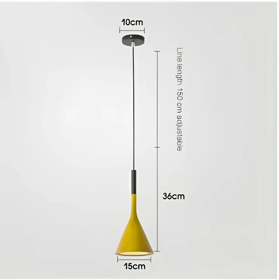 A modern yellow metal pendant light with black stem and adjustable 150 cm line for kitchen use