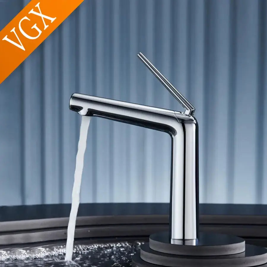 Modern minimalist rose gold basin faucet with chrome-finished waterfall design and single lever handle for cold water