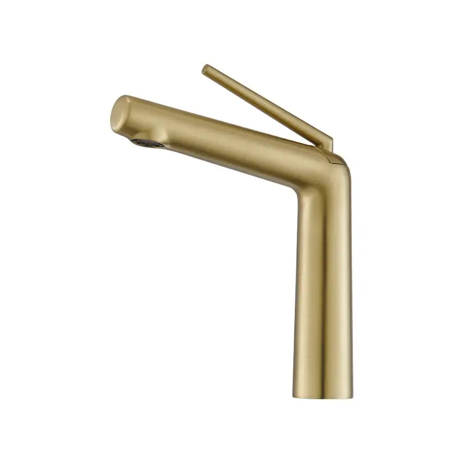 Modern minimalist rose gold basin faucet with single handle and sleek design for cold water control in bathrooms