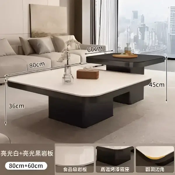 Modern minimalist coffee table set with a sleek white top and dark wood base featuring clean lines and minimalist design