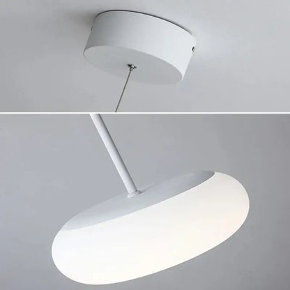 Modern white ceiling pendant lamp with oval diffuser and cylindrical mount for kitchen and bedroom lighting
