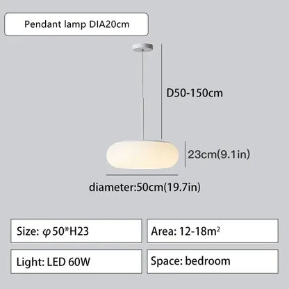 Modern minimalist white ceiling pendant lamp with frosted glass shade and polished metal fixture for kitchen or bedroom
