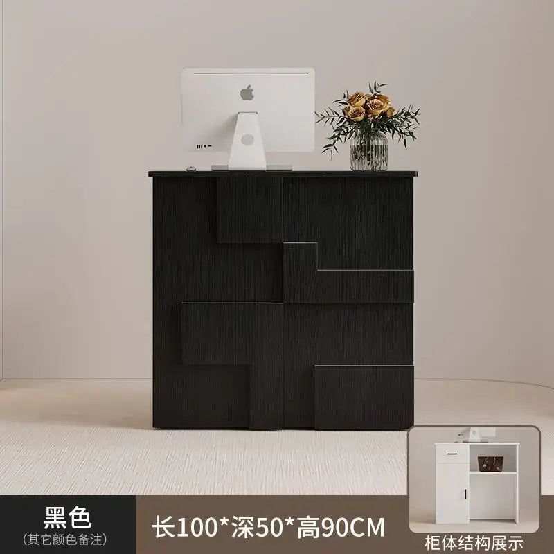 Black modern office desk with geometric stepped design and matte wood grain finish for living room lockers use