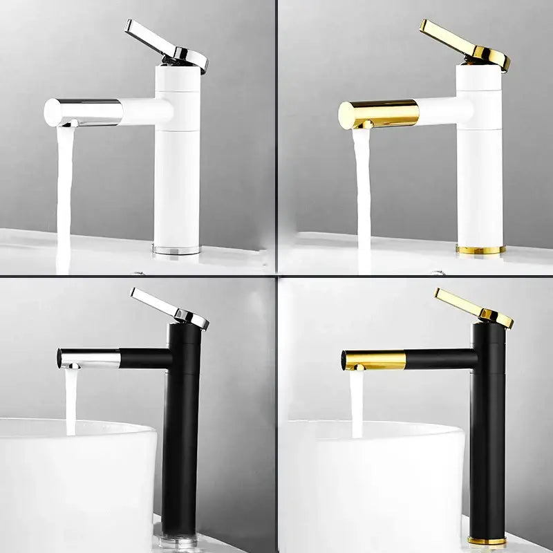 Modern minimalist white and gold black brass bathroom sink faucet with sleek cylindrical body and decorbites black brass finish