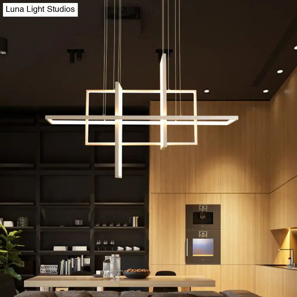 Modern minimalist white led rectangular pendant light x10 x12 with intersecting geometric frames suspended by thin cables