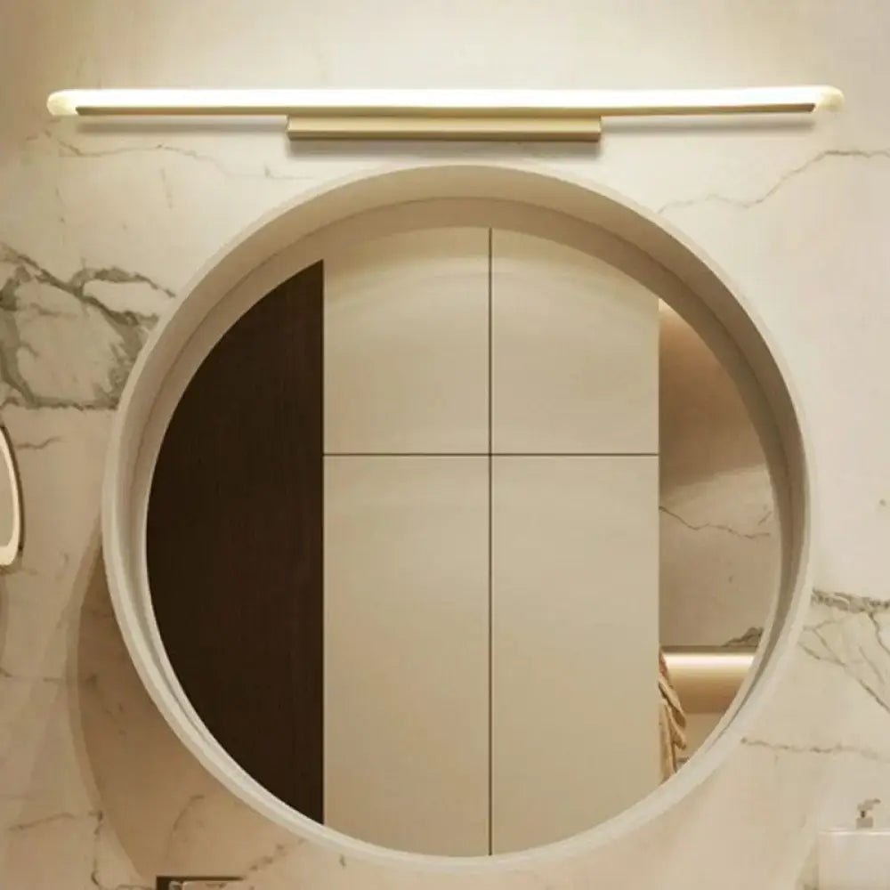 Modern minimalist white led vanity light fixture with circular mirror and sleek frame for bathroom use