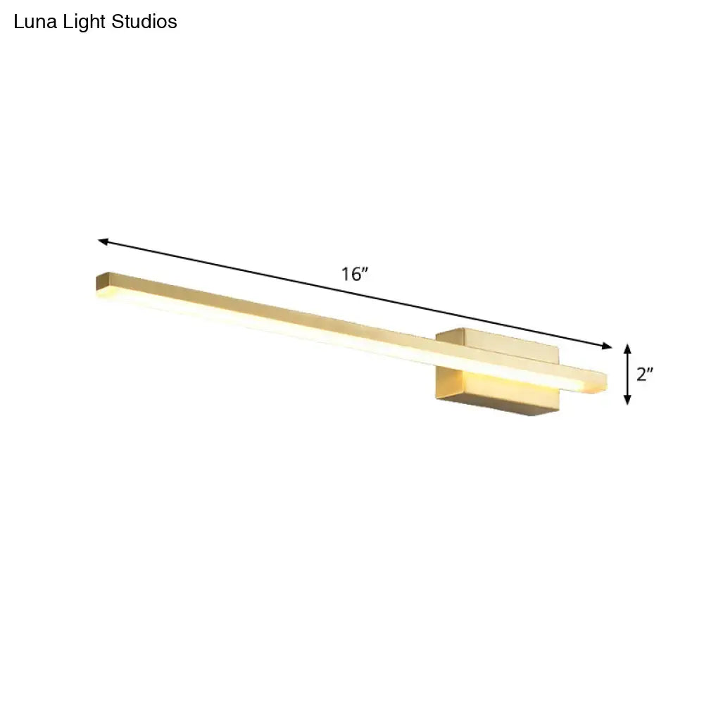 Modern minimalist gold-finished led wall light fixture with sleek rectangular design emitting warm light for bathroom vanity