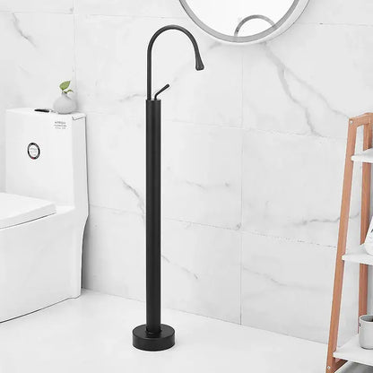 Black matte freestanding bathtub faucet with sleek curved spout for modern minimalist white standing bathtub design