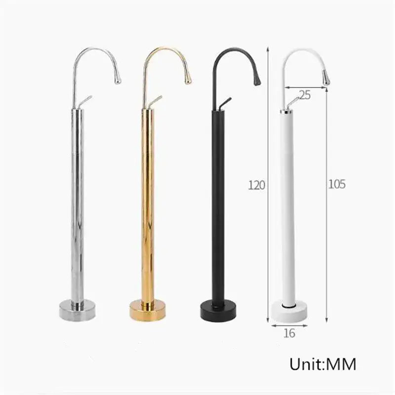 Four modern minimalist floor standing bathtub faucets in chrome, gold, black, and white with curved spouts