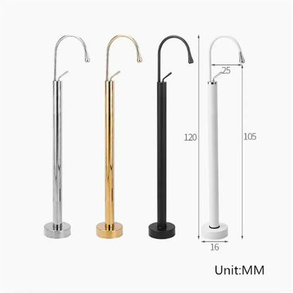 Four modern minimalist floor standing bathtub faucets in chrome, gold, black, and white with curved spouts