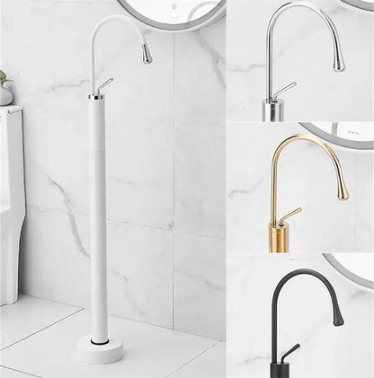Modern minimalist white standing bathtub faucet with curved spout and chrome accents for floor standing bathtub use