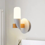 Modern minimalist white and wood wall lamp with frosted cylindrical shade and adjustable size range for bedroom wall light
