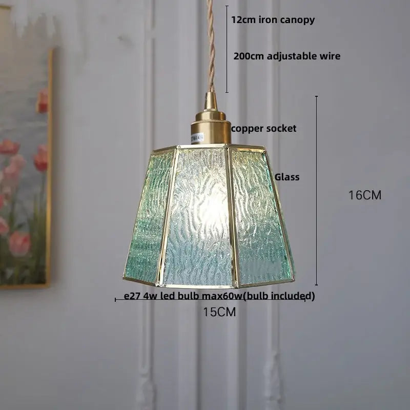 Modern moon ceramic led pendant lamp with hexagonal textured green and blue glass shade framed by brass for dining room decorbites ceramic led pendant