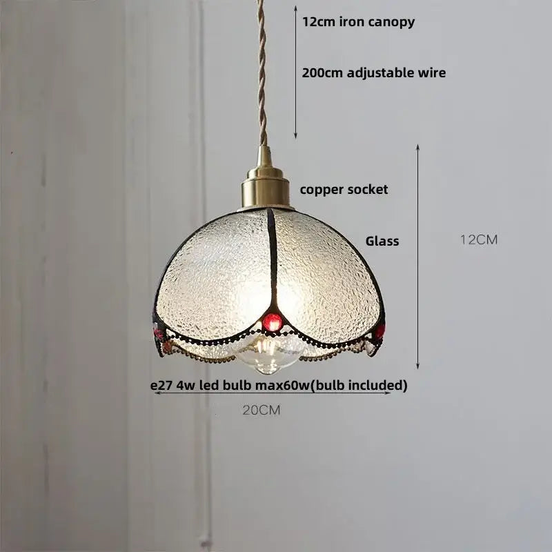 Modern moon ceramic led pendant lamp with textured frosted glass, brass canopy, copper socket, and red gemstone accents