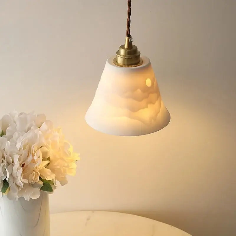 Modern moon ceramic led pendant lamp with warm white ceramic shade and brass fixture for dining room decorbites ceramic led