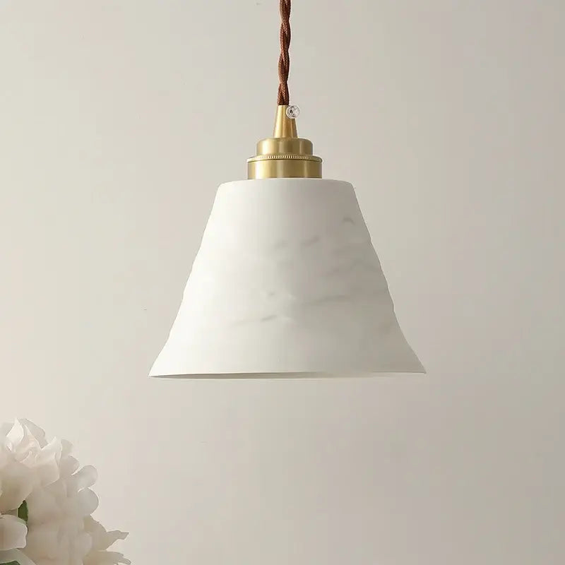 Modern moon ceramic led pendant lamp with white marble texture brass fixture and twisted brown cord for dining room decorbites ceramic led pendant