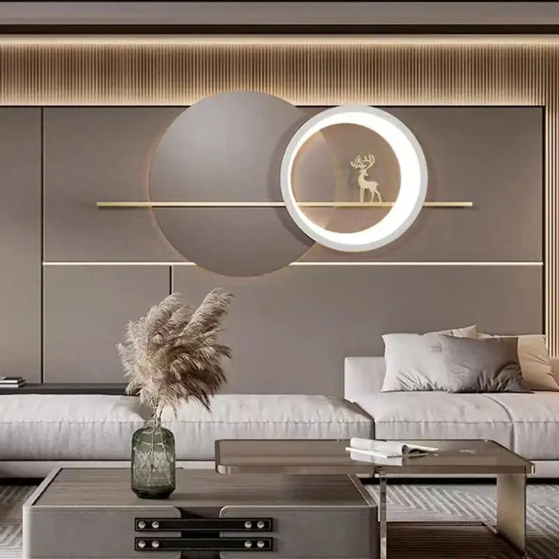 Modern moon deer wall light featuring a glowing white ring and gold deer silhouette on a sleek gray panel decorbites deer wall