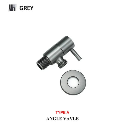 Grey metallic decorbites brass triangle valve with threaded connections and matching circular flange for bathroom faucet