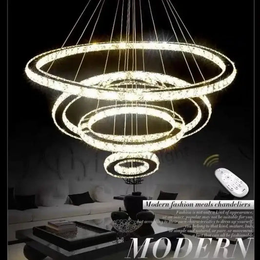Modern multi tiered chrome crystal rings led chandelier with glowing crystal rings suspended by thin wires for living room decorbites