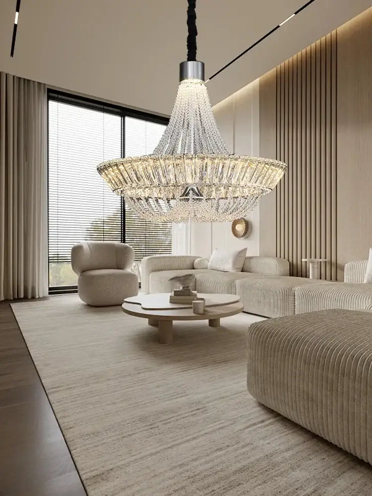 A modern multi tiered crystal ceiling chandelier with sleek design by decorbites for elegant living room decor