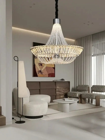 Modern multi tiered crystal ceiling chandelier with sleek metallic finish and clear crystals for living room decorbites crystal ceiling