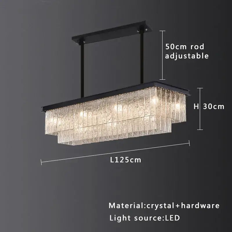 Modern multi tiered decorbites elegant crystal rectangular chandelier with black metal frame and adjustable rod for dining room decor