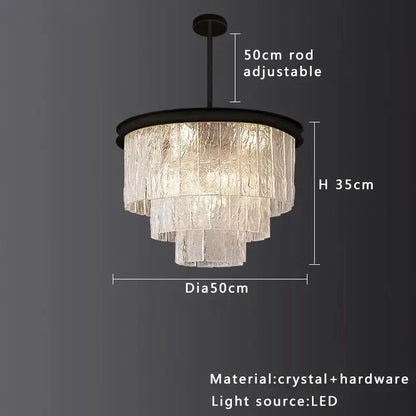 Modern tiered crystal glass chandelier with black metal frame and frosted panels for elegant crystal dining room decorbites