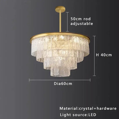 Modern multi tiered gold elegant crystal glass chandelier with textured cascading layers and adjustable rod for dining room decorbites elegant crystal