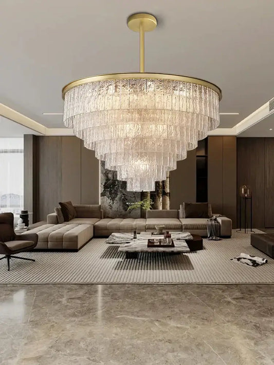 Modern multi tiered gold elegant crystal glass chandelier with cascading crystal strands for dining room decorbites elegant crystal