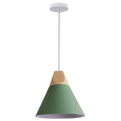 Modern pendant light with green metal shade and natural wood top by decorbites cone wood for dining room use