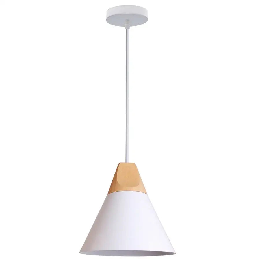 White conical decorbites cone wood pendant light with natural wood accent for modern dining room decor