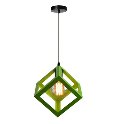 Modern multicolor geometric cube pendant lights set featuring a green geometric pendant light with visible filament bulb