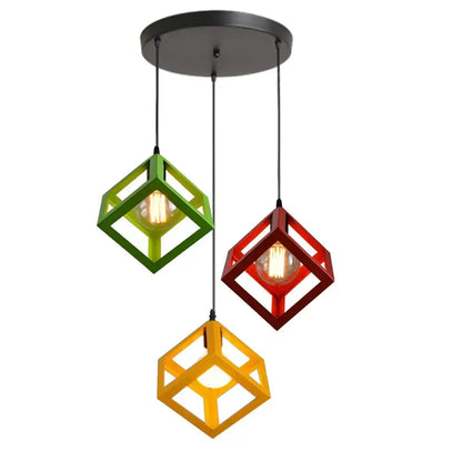 Set of three modern multicolor pendant lights with green red and yellow decorbites geometric cube shades for kitchen decor