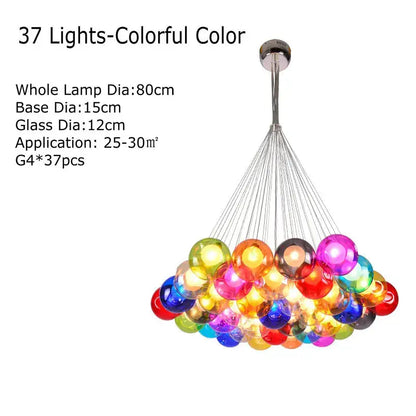 Modern multicolored clear glass chandelier with 37 colorful orbs suspended from a sleek chrome fixture for living room decor