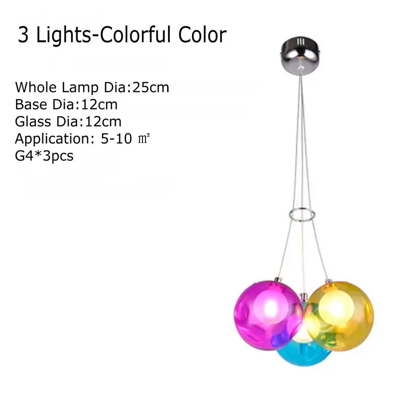 Modern multicolored clear glass chandelier featuring colorful sconces with pink yellow and blue glass globe pendant lights
