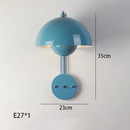 Blue glossy modern mushroom-shaped wall lamp with metallic stem for decorbites colorful led bedside bedroom lighting