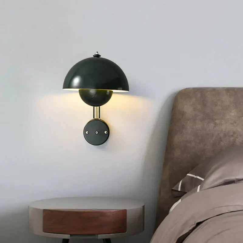 Modern mushroom wall lamp set with black matte finish, brass base type, featuring two spherical elements and sleek design