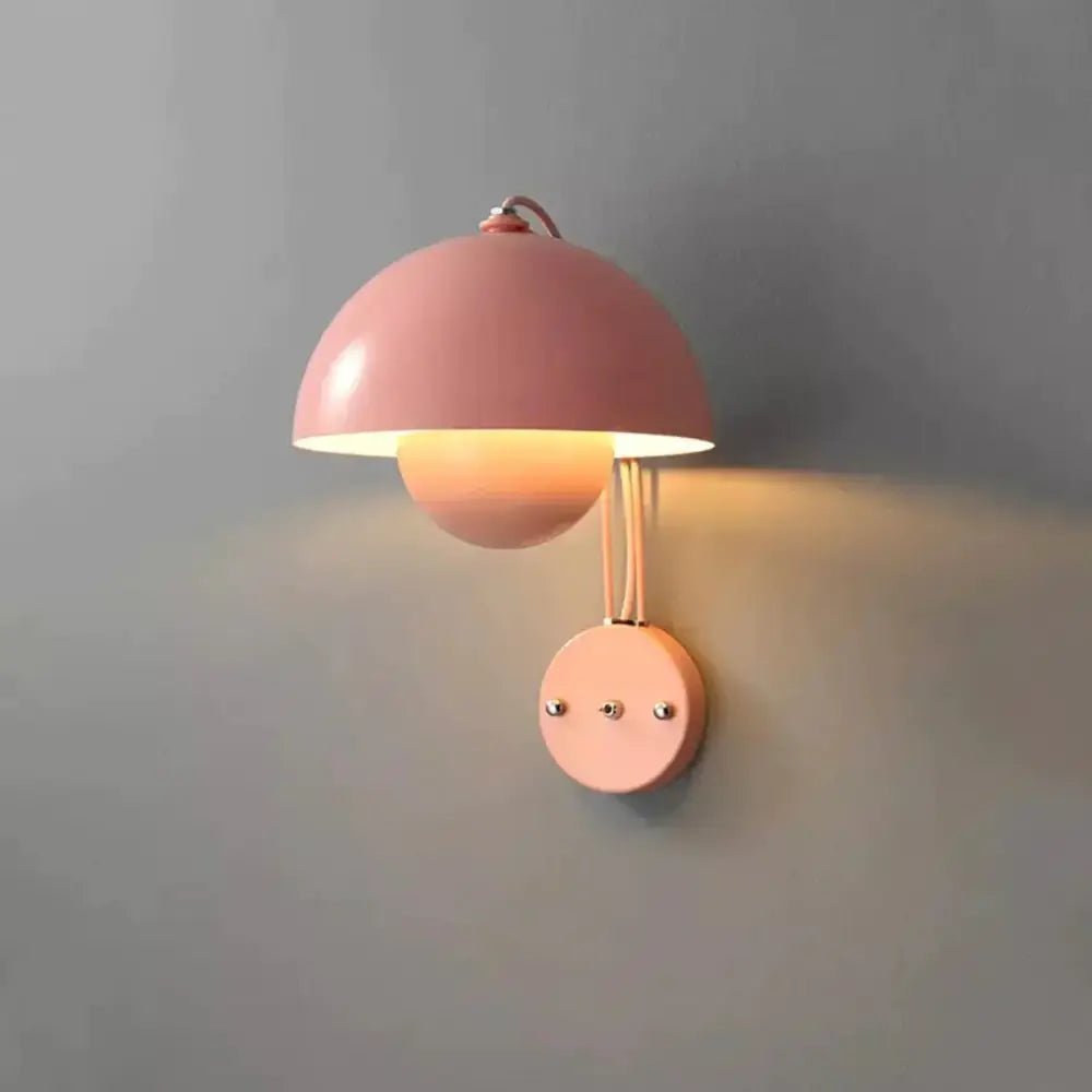Modern mushroom wall lamp with pastel pink matte finish and brass base type for bedroom lighting