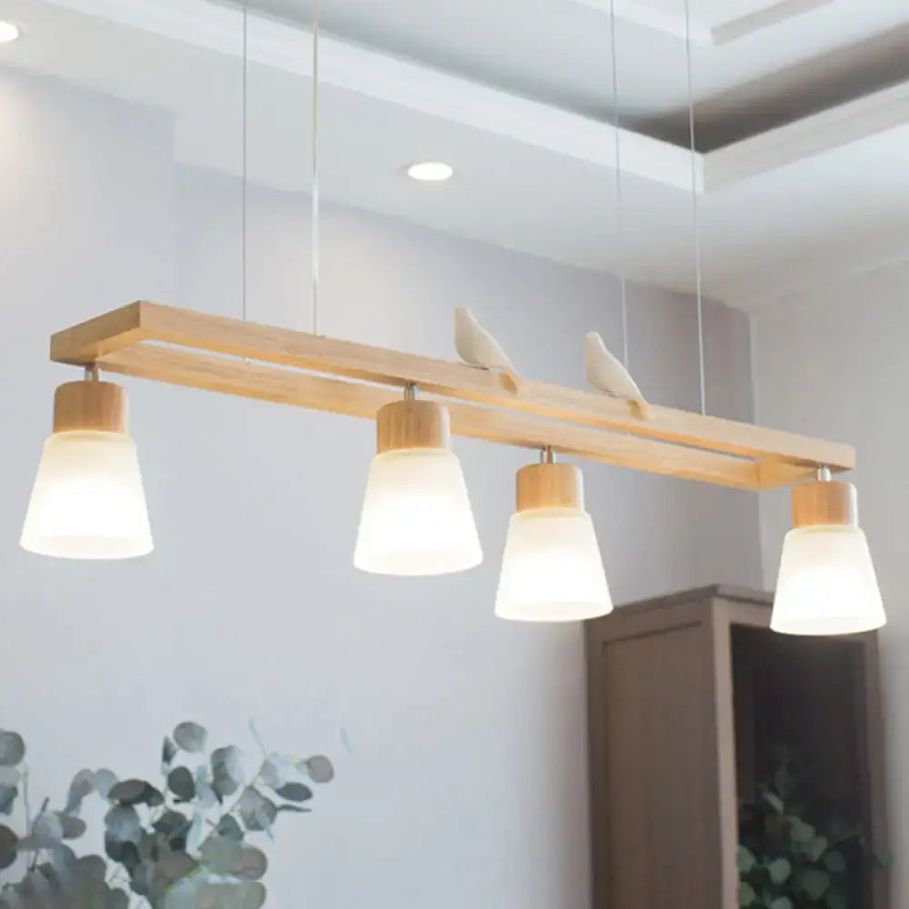 Modern natural wood rectangle island pendant light with frosted glass shades and white bird figurines for pendant lighting