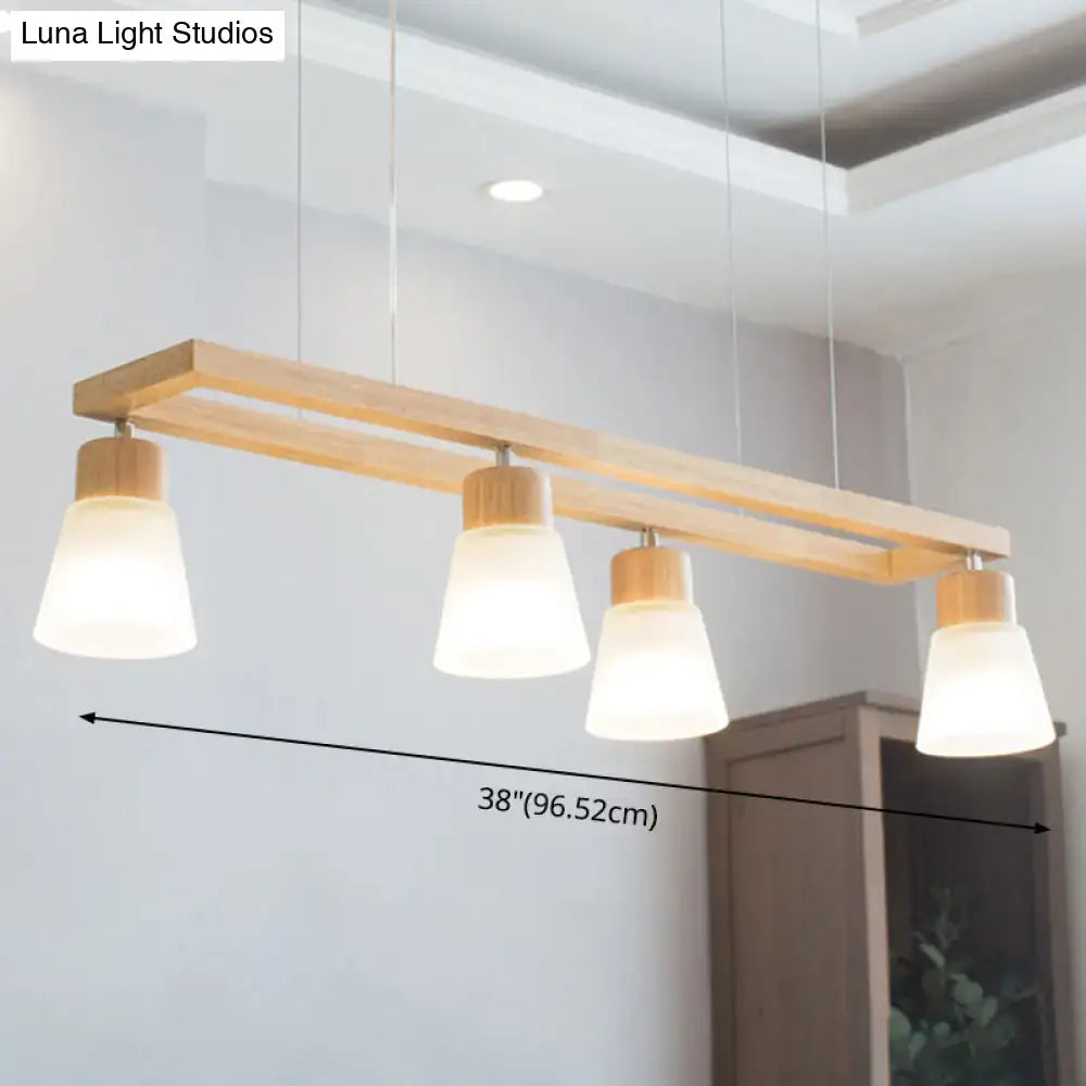 Modern natural wood rectangle island pendant light with four frosted glass shades for pendant lighting in kitchen