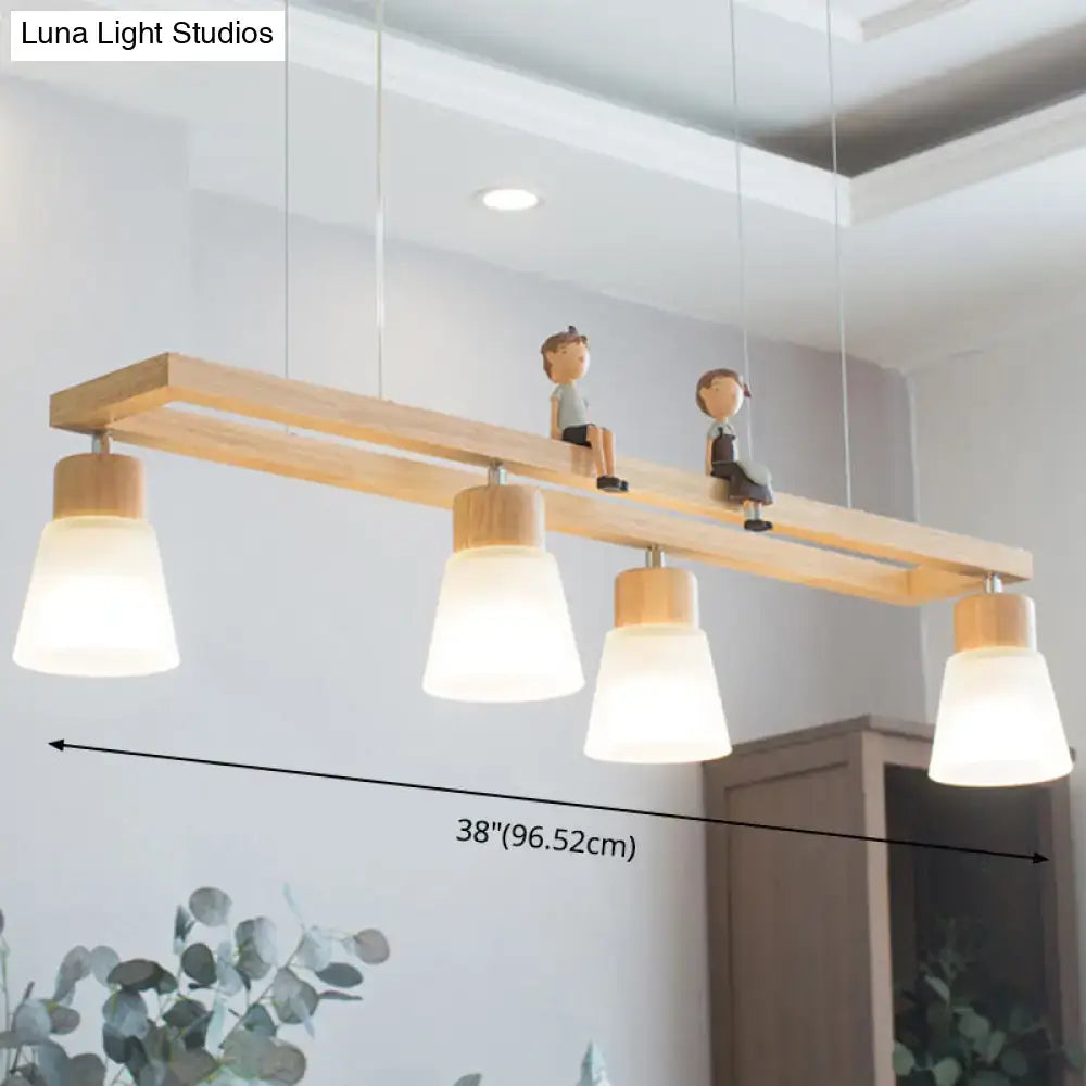 Modern natural wood rectangle island pendant light with four frosted glass shades and figurine accents for kitchen pendant lighting