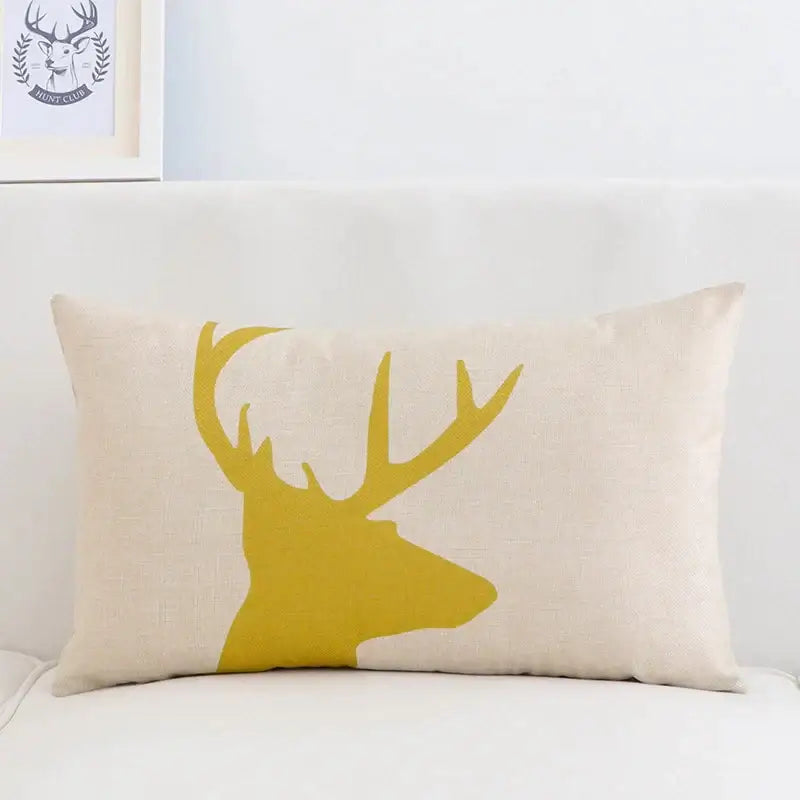 Beige linen pillow cover 30x50cm with bold mustard-yellow deer silhouette for modern navy and beige decorbites geometric elk