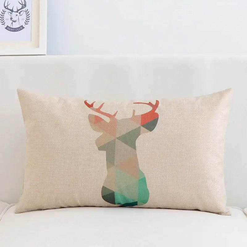 Beige linen pillow cover 30x50cm with geometric deer design in orange green and gray for living room decorbites geometric elk