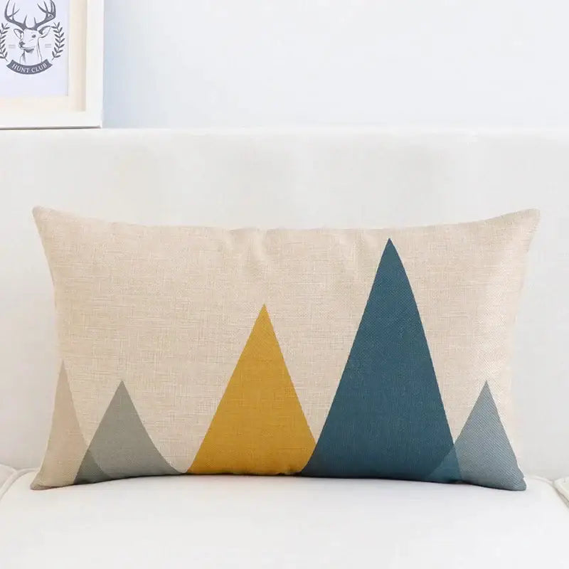 Beige linen pillow cover 30x50cm with modern geometric mountain design in mustard yellow teal blue and gray decorbites geometric elk