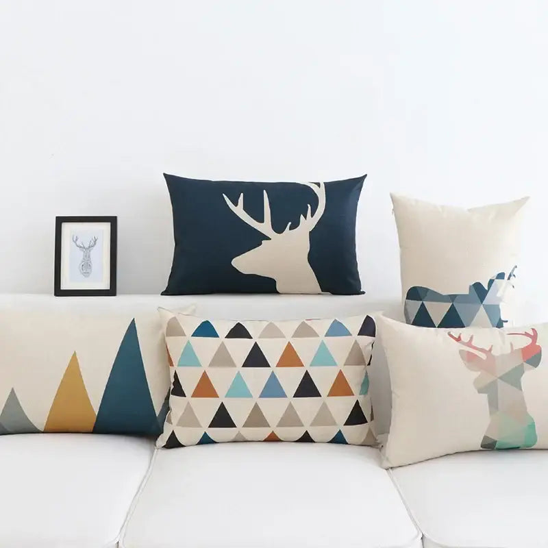 Navy blue pillow cover 30x50cm with beige geometric elk design for living room decorbites pillow cover