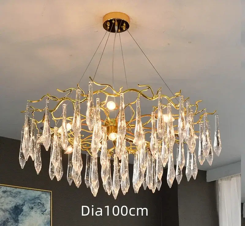 Modern nest crystal led chandelier with golden branch design and clear crystal teardrop pendants for living room